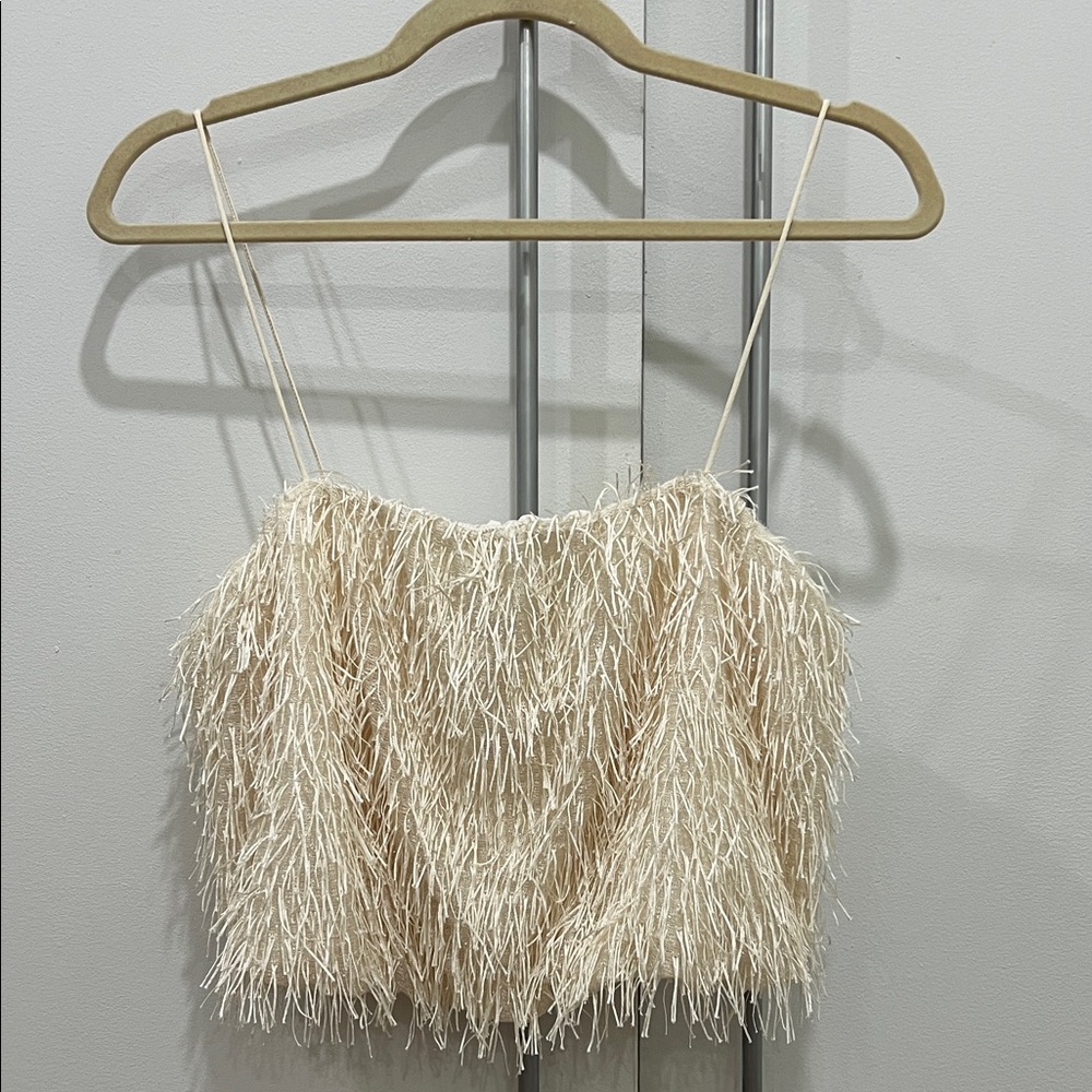 Anthropologie Cream Fringe Crop Top